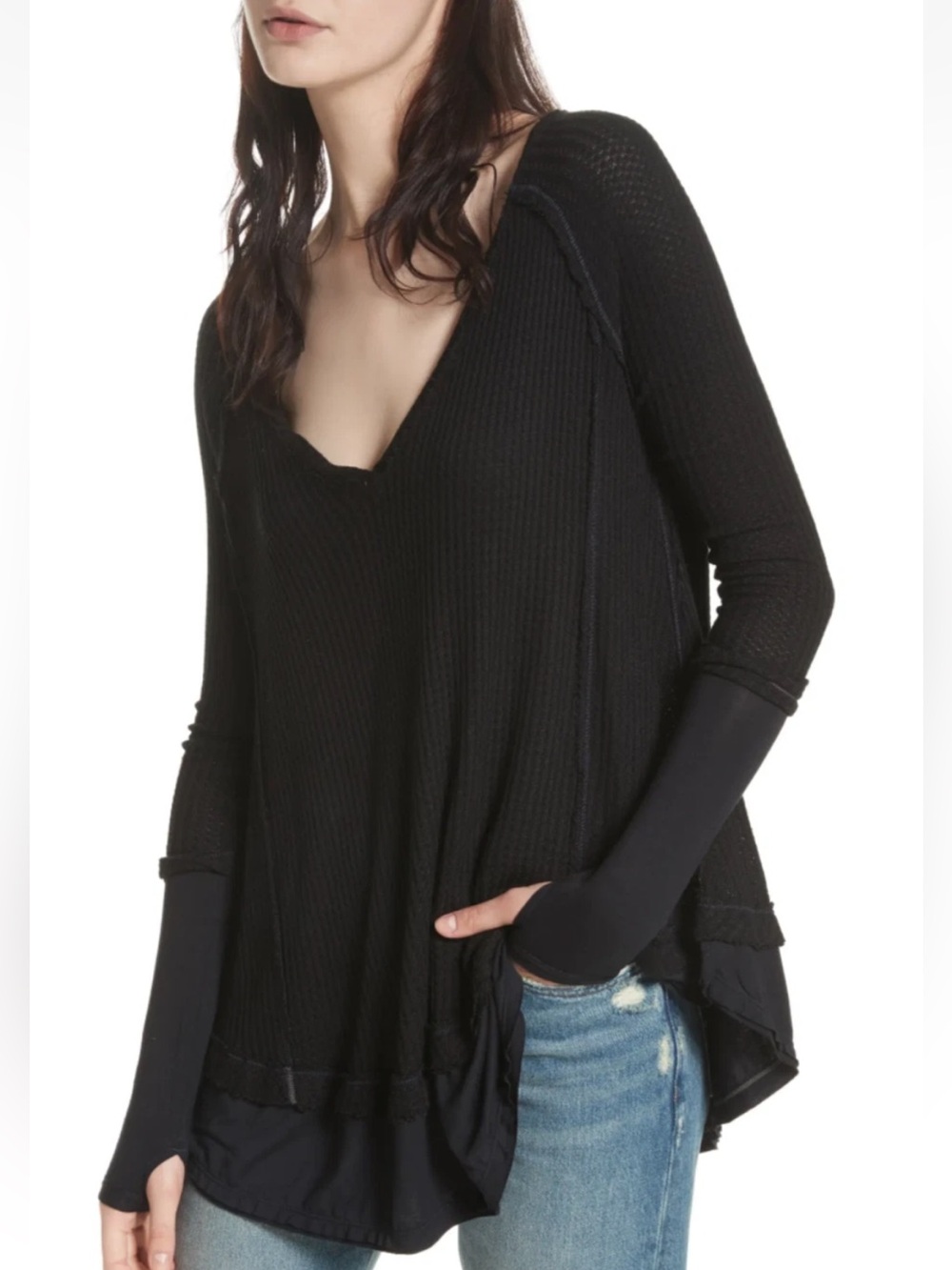 FREE PEOPLE WAFFLE KNIT SLOUCHY “ LAGUNA” TOP BLACK LONG SLEEVES SIZE SMALL